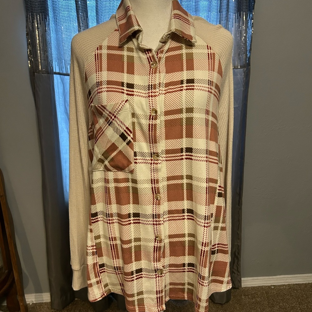 Modish Boho Plaid Button Pullover with Cream Knit Details
